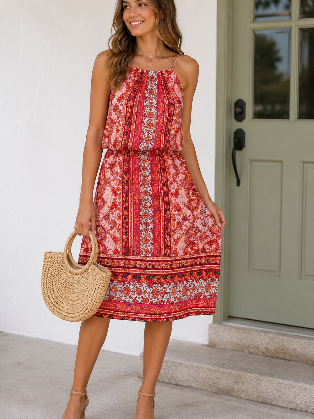 London Times Paisley Print Sleeveless Dress Size 6 Pink Boho Knee Length